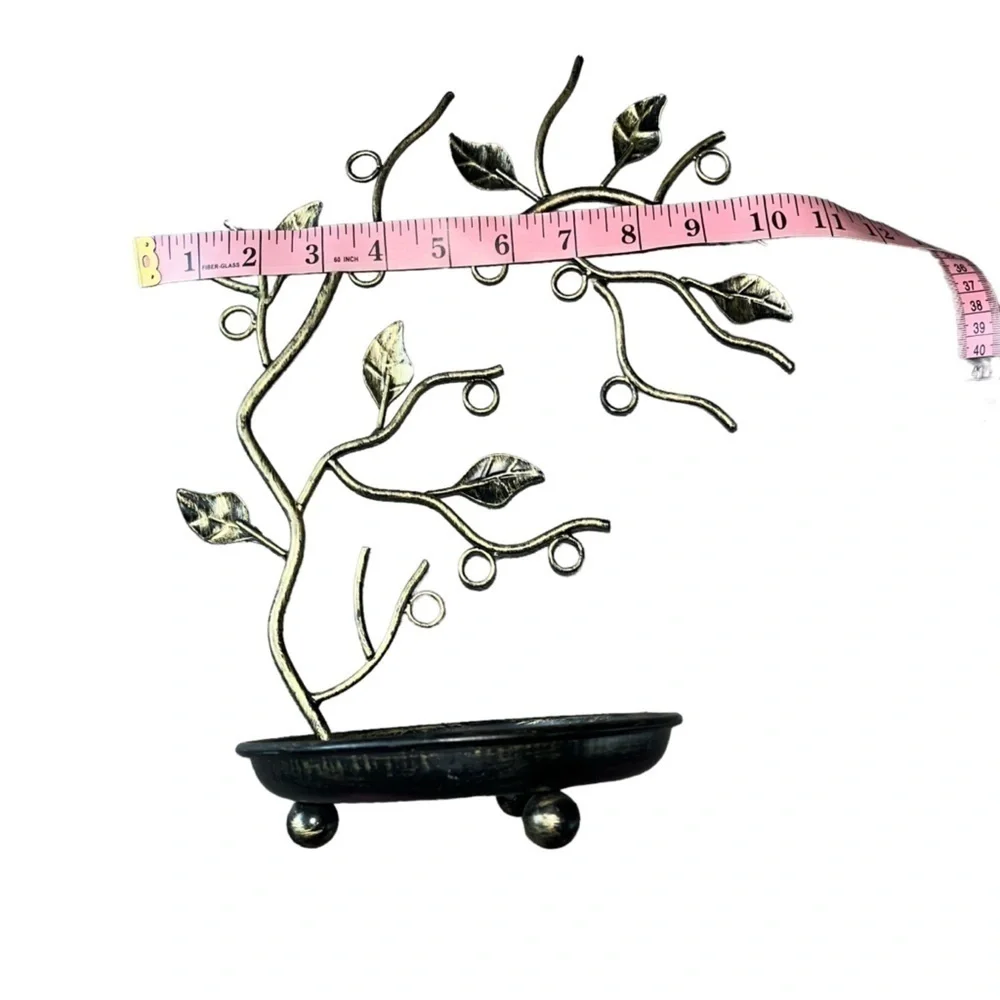 Beautiful Iron Jewelry Tree Display Organizer Metal Leaves Round Tray Base